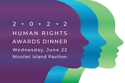 [ai] Graphic featuring three stylized profiles in green and blue against a purple background. Text reads: "2022 Human Rights Awards Dinner, Wednesday, June 22, Nicollet Island Pavilion."